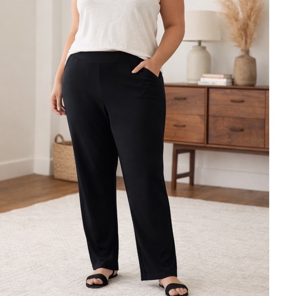 Eileen Fisher Woman Black Rayon Stretch Straight Leg Yoke Pants 2X NEW NWT